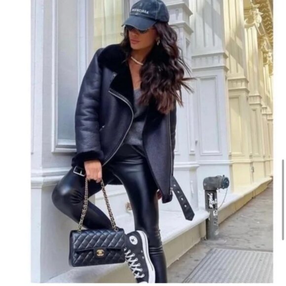 ZARA FAUX LEATHER JACKET FUR COLLAR - Picture 1 of 6